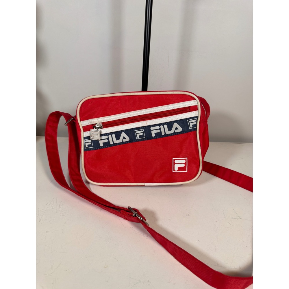 Fila Red Nylon Crossbody Messenger Bag Adjustable Strap Logo Tape Streetwear